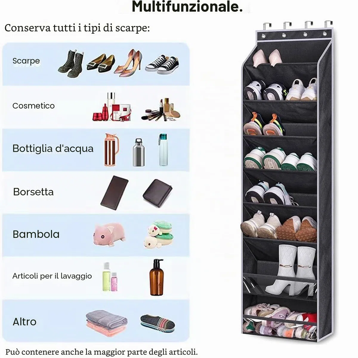 Porta Scarpe da Appendere con 8 Ripiani, Organizer da Appendere per 20 Paia di Scarpe, Scarpiera Porta a Tasche Profonde Multifunzione per Armadio e Lavanderia
