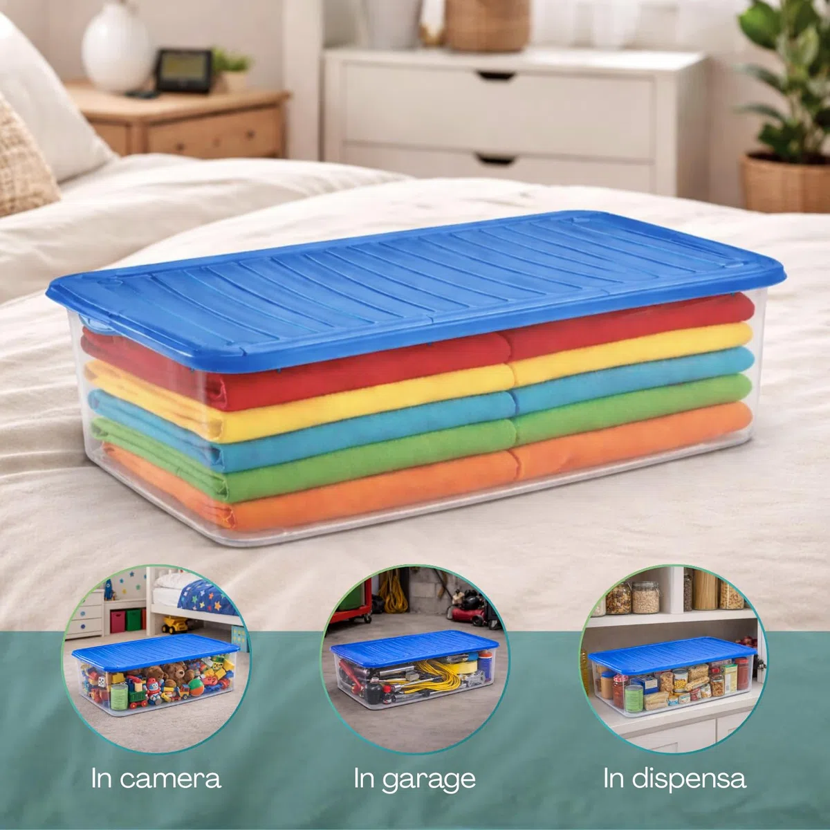 PALUPLUS 3 Contenitori Portabiancheria, misura 60x40x17 cm e capacità 27 Lt, Box Trasparente con Coperchio, Organizer salvaspazio per Scarpe, Vestiti, Giocattoli -1125 (Blu)