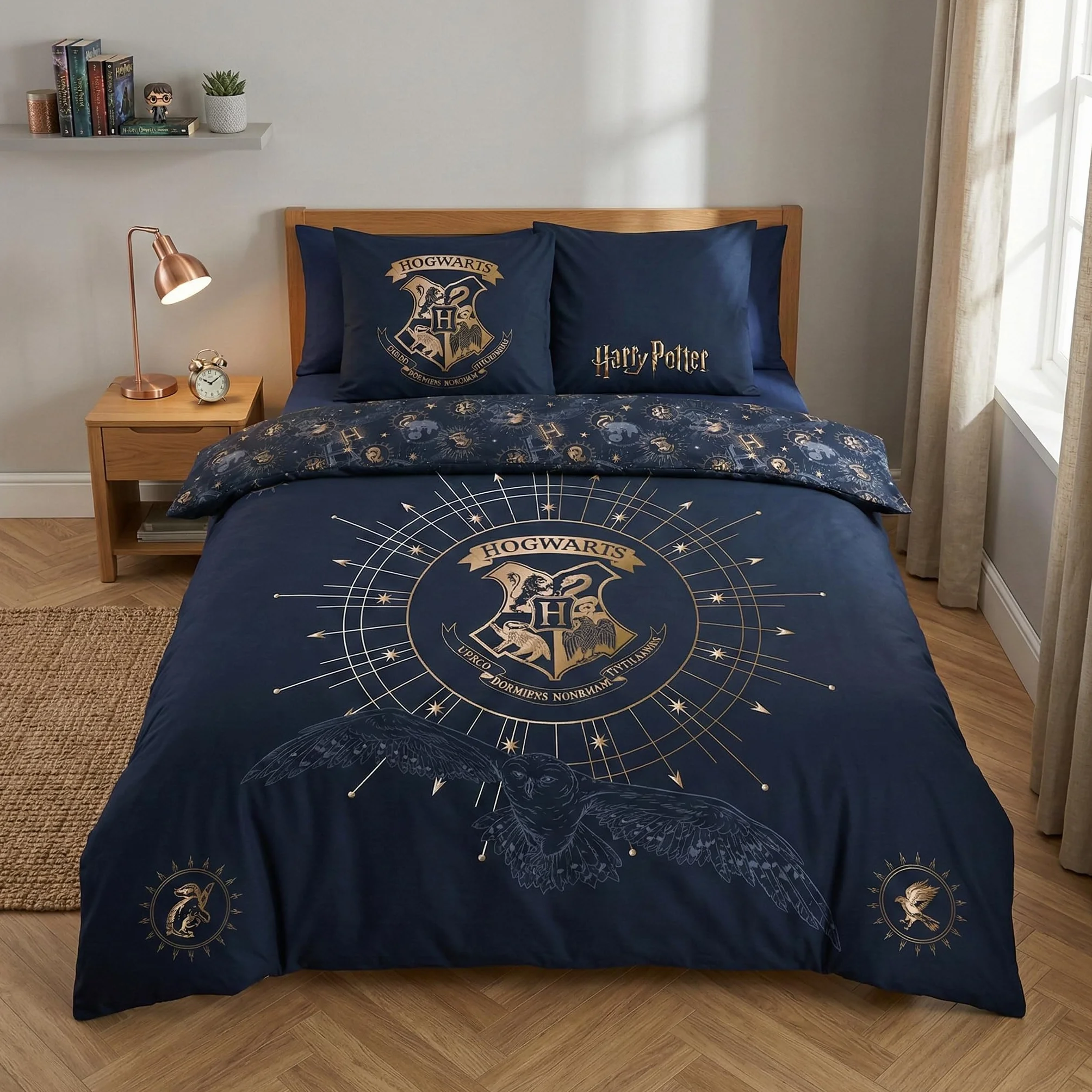 Parure da letto matrimoniale Harry Potter, double-face, copripiumino matrimoniale 240 x 220 cm + 2 federe 65 x 65 cm, in policotone