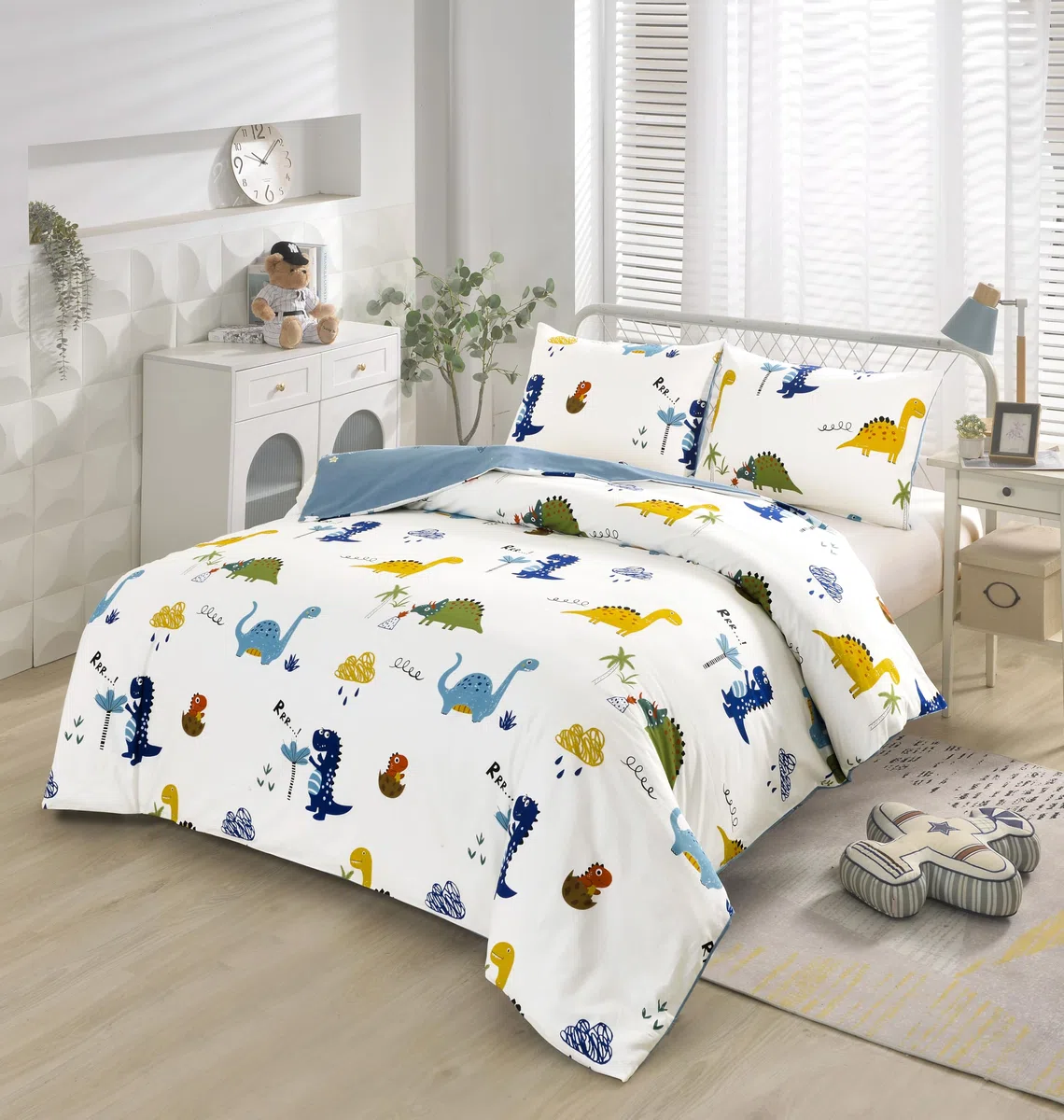 Lunoroey, Set di biancheria da letto con copripiumino per bambini, misura doppia, 100% cotone, per ragazzi e ragazze, con motivo di dinosauri, morbido cotone per tutte le stagioni, copripiumino e