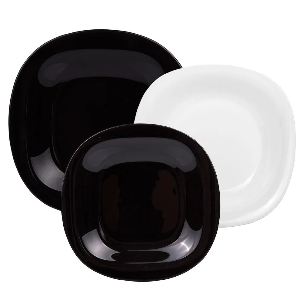 Luminarc Carine Servizio da Tavola, Forma Quadrata, Vetro, Bianco/Nero, 18 Pezzi