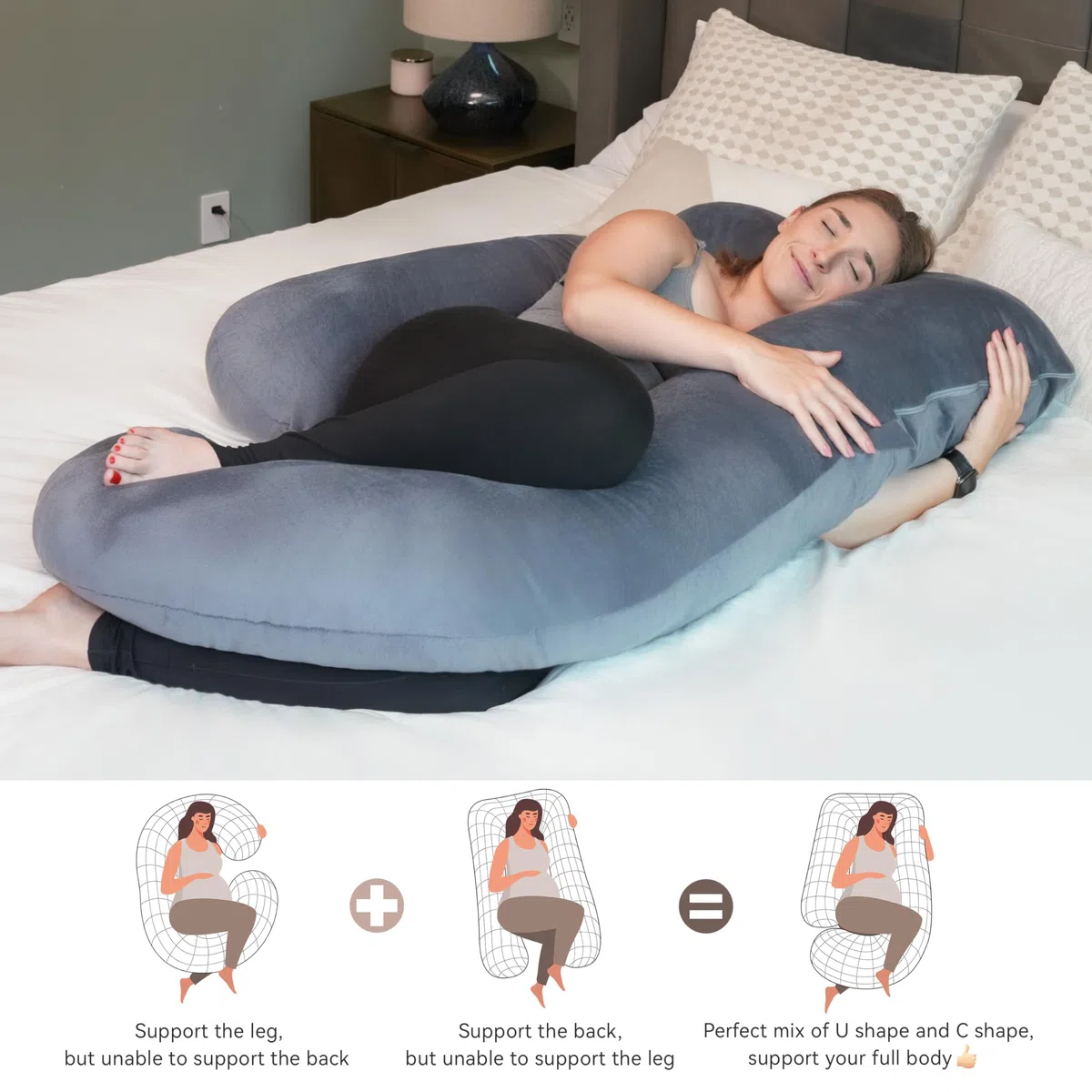Cuscino Gravidanza,Cuscino Gravidanza per Dormire a Forma di U Supporto Maternità,Supporto per Schiena,Fianchi,Gambe, Pancia per Donne Incinte (Velluto Grigio)
