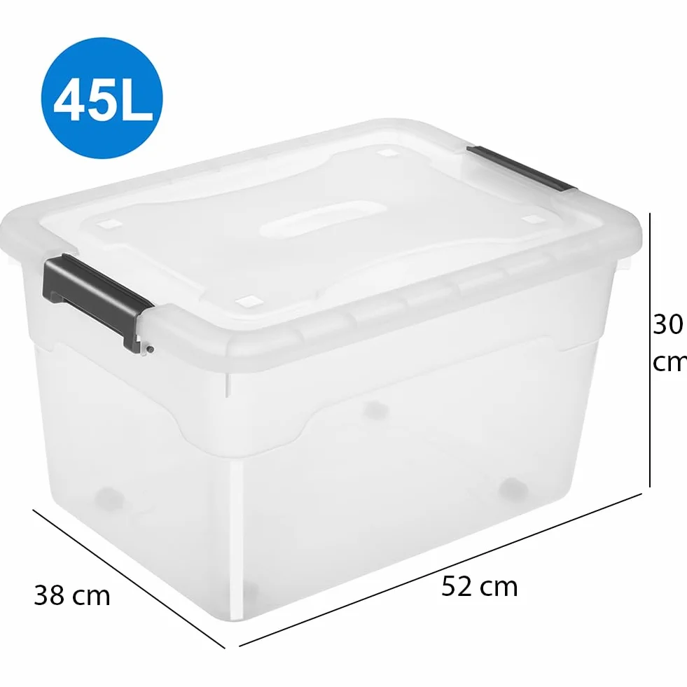 BAKAJI Set 4 Contenitori con Coperchio per Vesiti in Plastica con Ruote, Portaoggetti Impilabile per Stoccaggio Vestiti, Scatole per armadio, Giocattoli, Libri, Salvaspazio (4 x 45 Lt Alto)