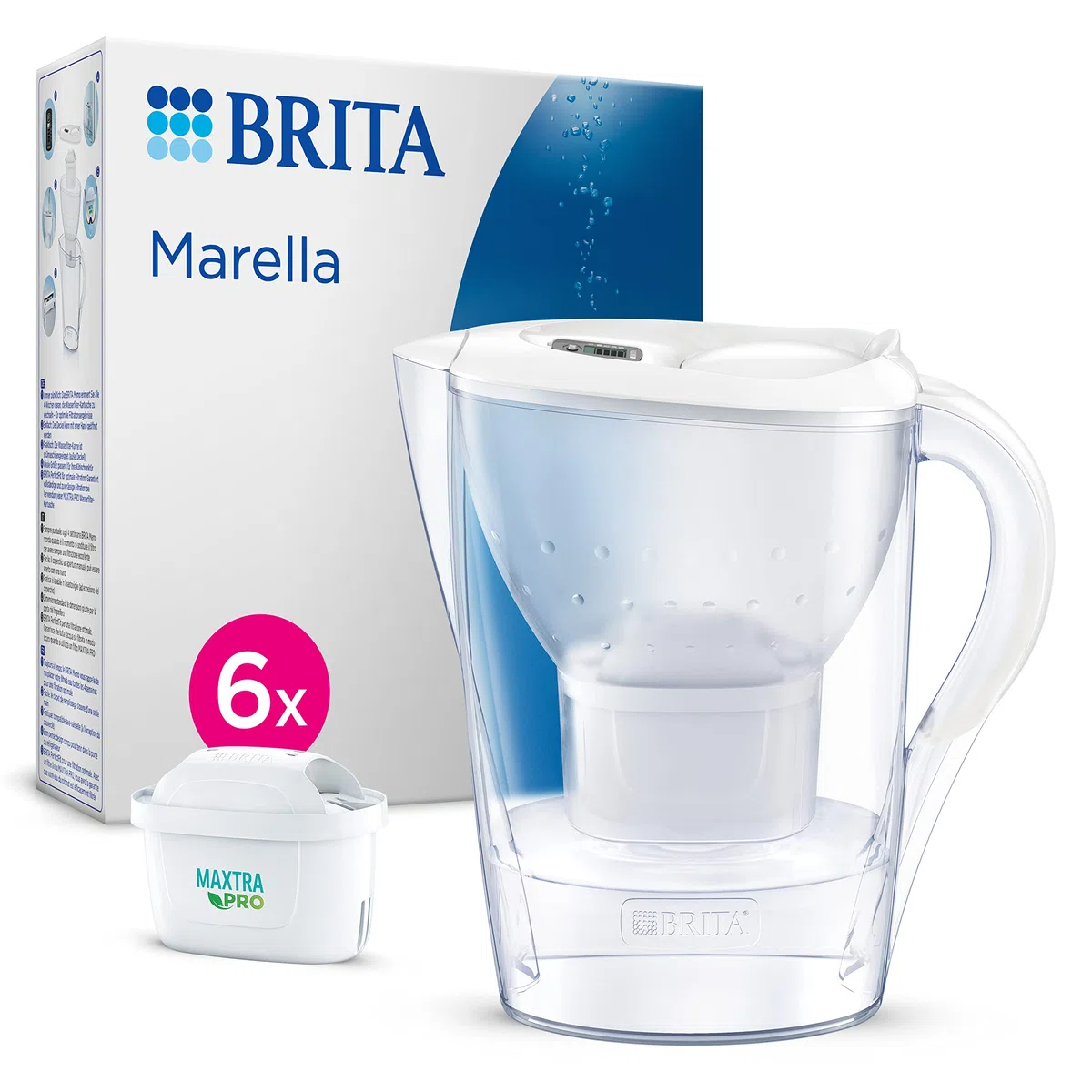BRITA Caraffa filtrante Marella bianca (2.4L) incl. 6 x filtri MAXTRA PRO All-in-1 che riduce cloro, calcare e PFAS - Adatta al frigo, Memo digitale e riempimento comodo - in confezione sostenibile