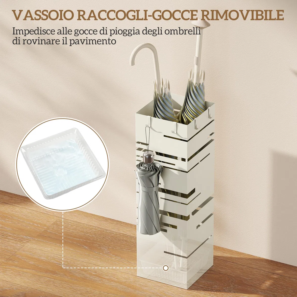 HOMCOM Portaombrelli Quadrato in Metallo per Ingresso, Portaombrelli Autoportante con Vassoio Raccogli Gocce Rimovibile e 4 Ganci, per Interni ed Esterni, Beige