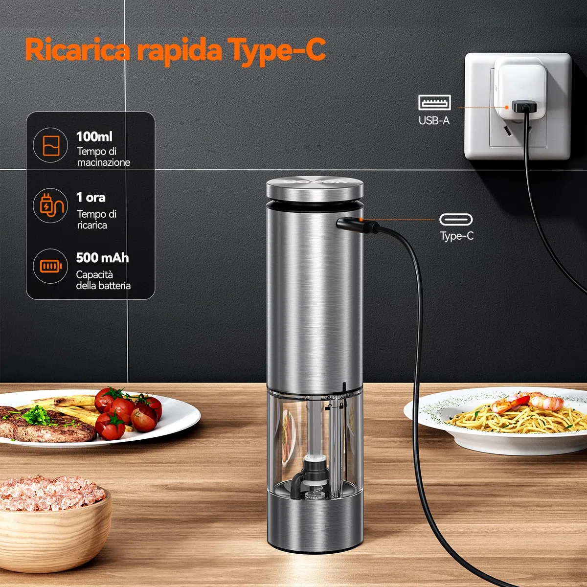 VOXON Set di 2 macine per sale e pepe con USB, ricaricabili a 5 livelli, regolabile, macinazione automatica, pepe elettrico con luce LED per barbecue, ristorante cucina