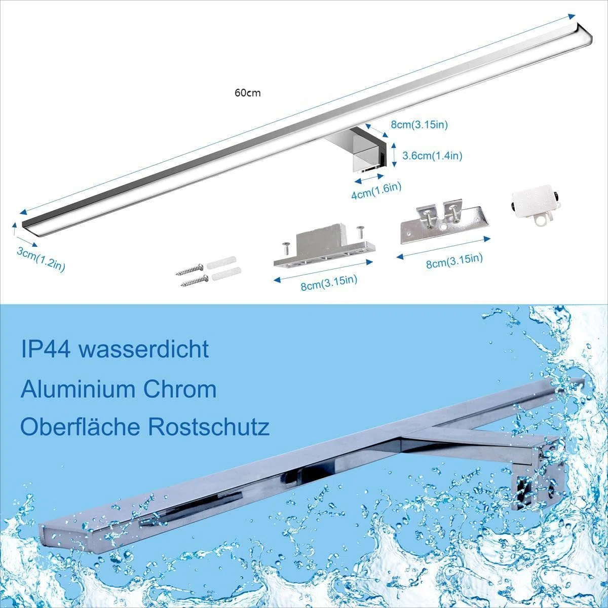 60 cm LED Specchio Luce 4000 K LED Specchio con Illuminazione Morsetto Illuminazione Bagno Lampada IP44 Specchio Illuminazione Netural [Classe energetica E] [Classe energetica E]