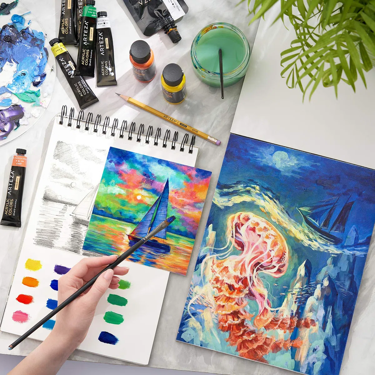 ARTEZA Album con Fogli in Tela per Dipingere 22,9x30,5 centimetri, Set di 2, 100% Cotone, Preparati con Gesso Privo di Acidi e Rilegati a Colla