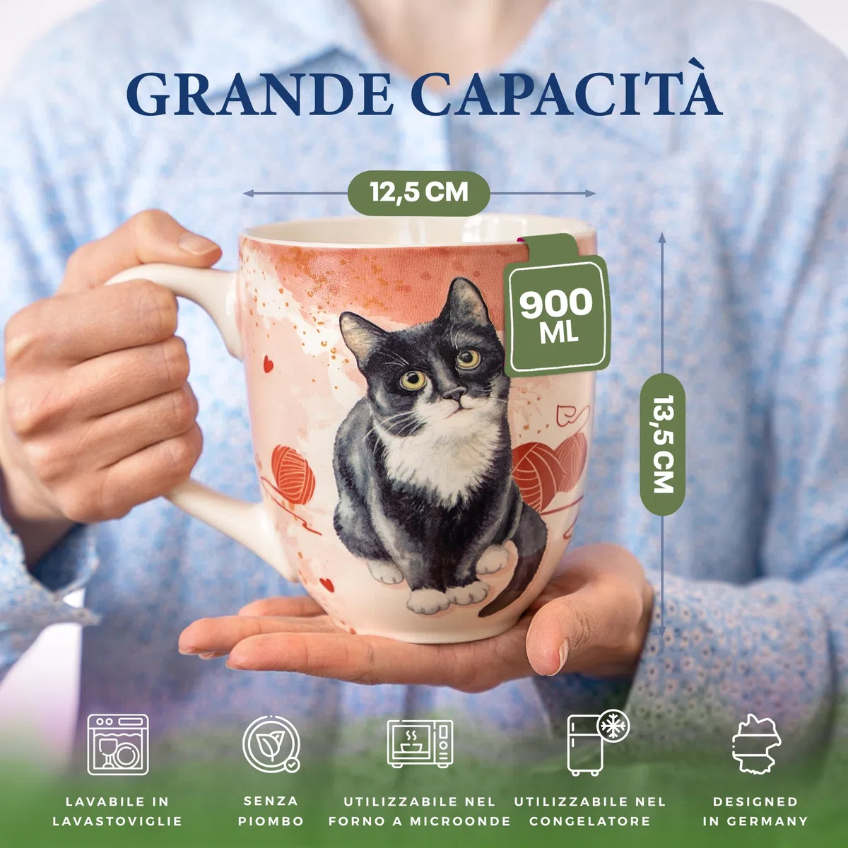 YC YANG CHAI Jumbotazza 900 ml - Tazze da Tè in Porcellana di Ossa - Set XXL con Sottobicchiere - Mug Grande, Tazza Colazione - YC CatiCat