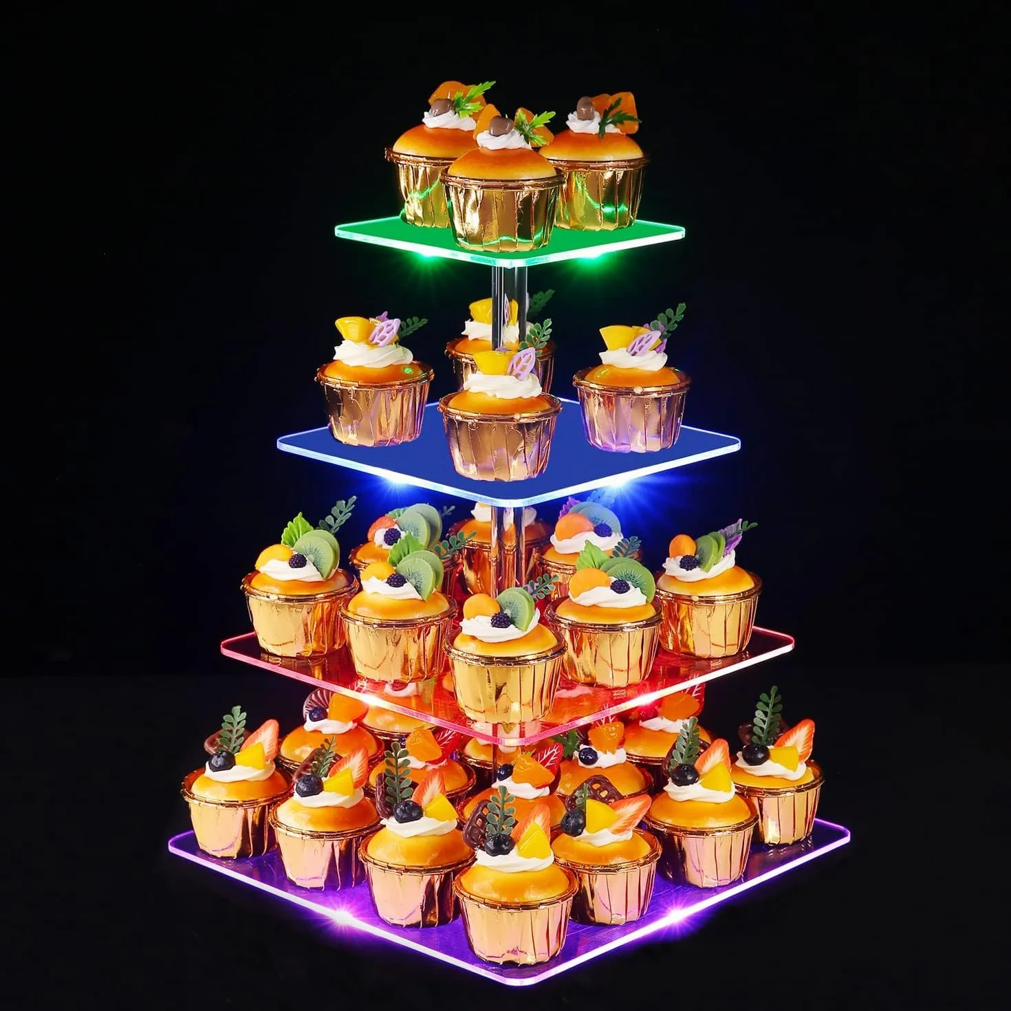 4 Piani Cupcake Stand, Ulifeme LED Ricaricabile Alzata, Supporto per Esposizione di Dolci Trasparente Quadrato, Torre di Cupcakes per Natale, Matrimoni, Anniversari, Feste Prenatalizie e Compleanni