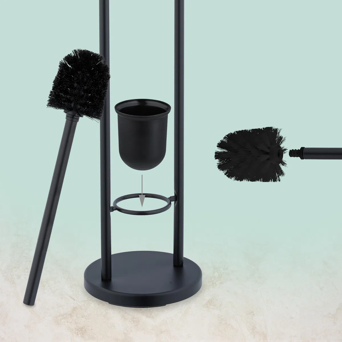 Set WC Relaxdays, Acciaio Inox, HxP: 79 x 22 cm, Porta Carta igienica, scopino con Base, Nero