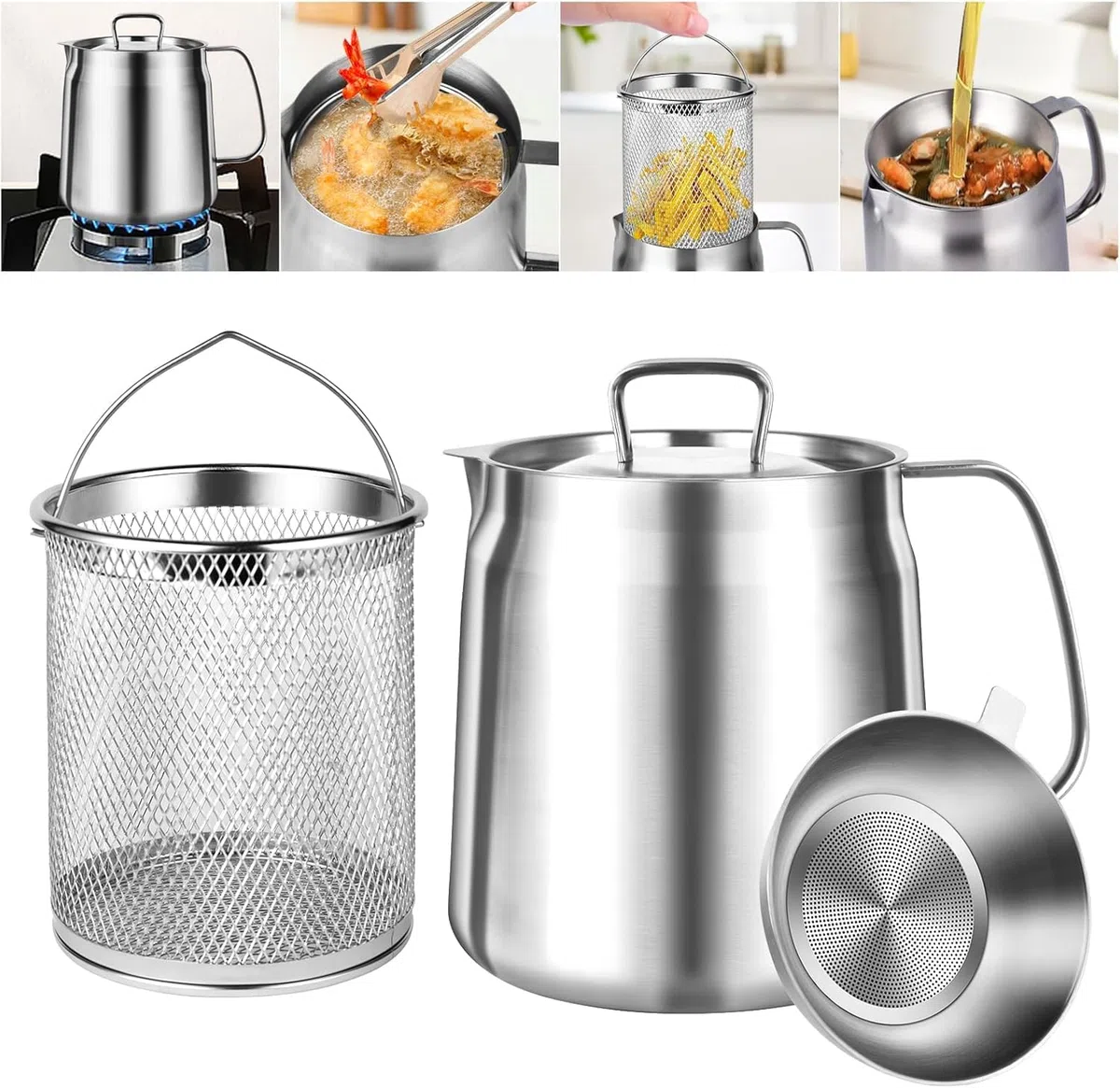 2L Filtro Olio In Acciaio Inox, Contenitore Grasso Bacon con Filtro & Cestello Friggitrice, 2 In 1 Filtro Olio Pot, Colino, Separatore Olio Storage Gadget Da Cucina