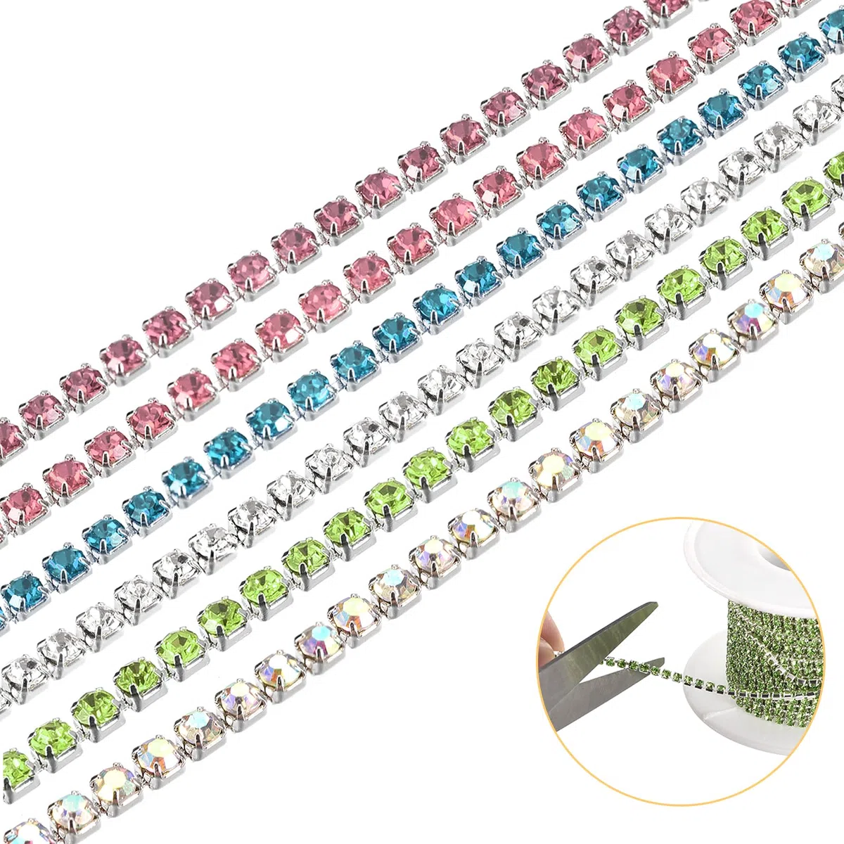 QUARKZMAN 6 Rotolo 33 Iarde 3MM Cristallo Strass Chiusura Catena Rifinitura, Cucire su Catena Strass Cristallo Rifinitura per Cucito Artigianato Nozze Festa Fai-da-Te Decorazione, 6 Color