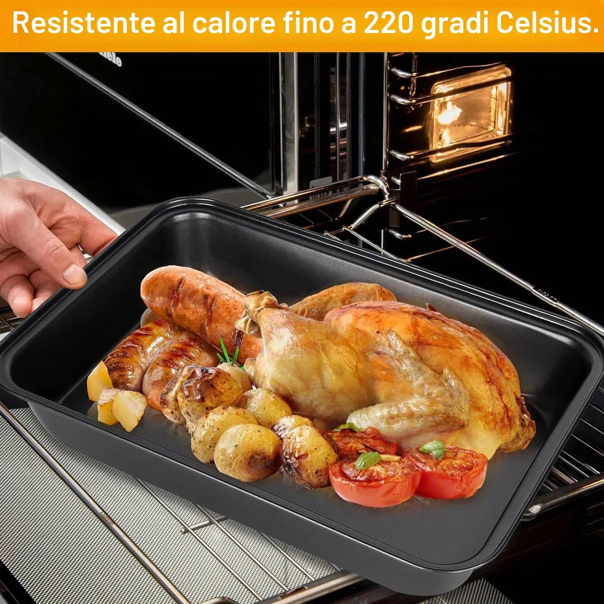 Set di 4 Teglie da Forno Rettangolari Antiaderenti, 3 Dimensioni in Carbon Steel Senza PFOA, Piastre per Arrostire, Cuocere e Servire, Nero