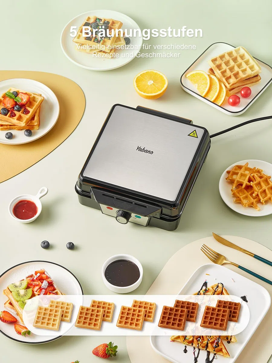 Piastra per waffle per 4 waffle belghe, 1200 W, con anti-troppopieno, regolatore abbronzatura, piastre antiaderenti e spie di controllo