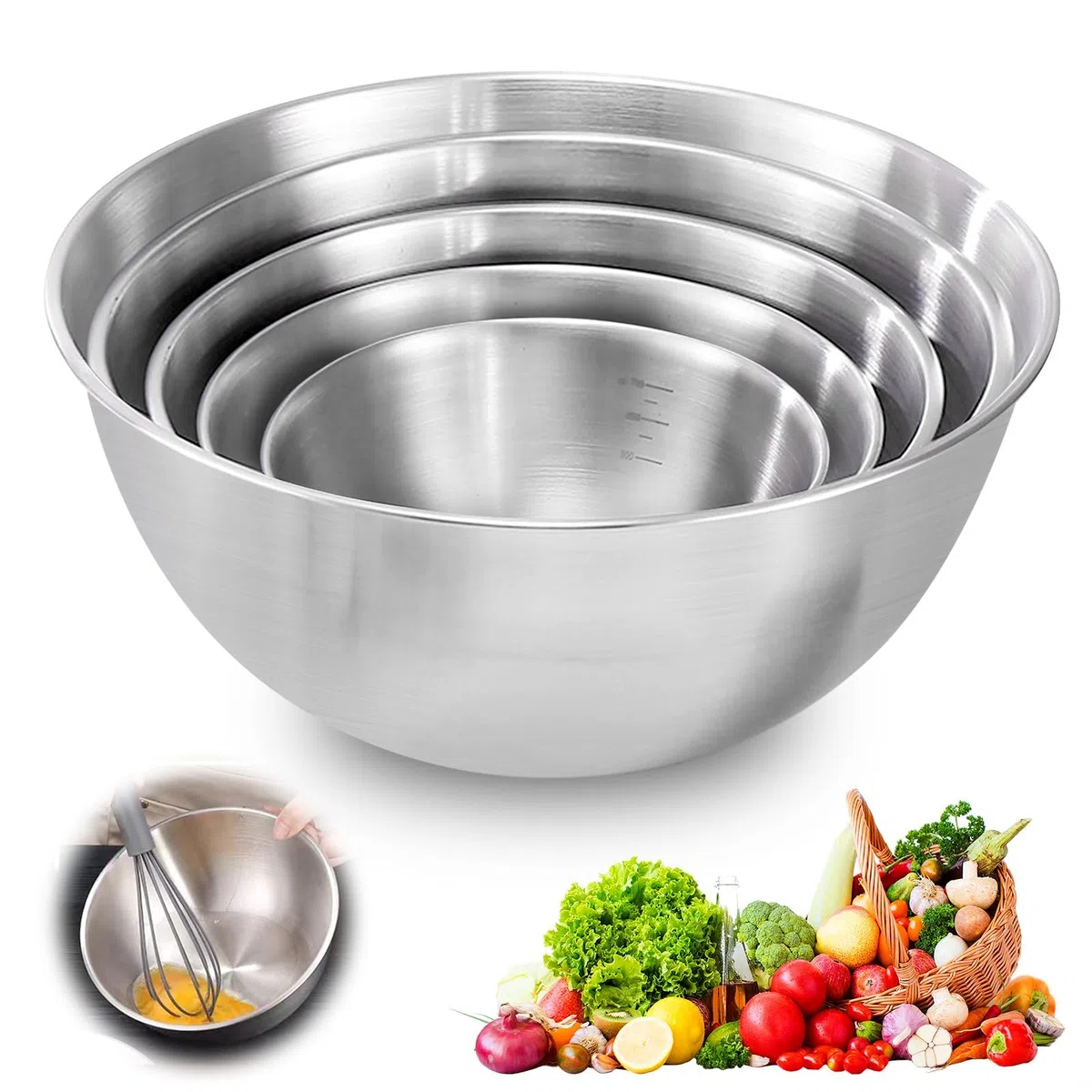 Confezione da 5 ciotole in acciaio inox, ciotola per insalata, ciotola in acciaio inox, ciotola per miscelazione, ciotola da cucina, 1 l, 1,5 l, 2 l, 2,5 l, 3,5 l, per la cucina, poco ingombrante