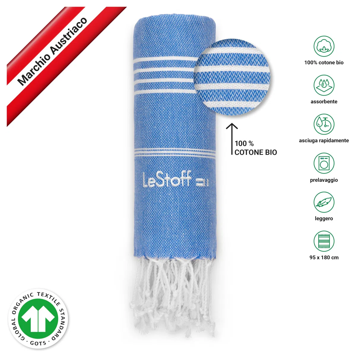 LeStoff Telo mare (Set di 2) - 100% Cotone bio, 95 x 180 cm, Prelavato, Assorbente, Asciugatura Rapida, Leggero, Fouta, Telo Spiaggia, Telo Bagno, Asciugamano Sportivo (Azzurro - Celeste)