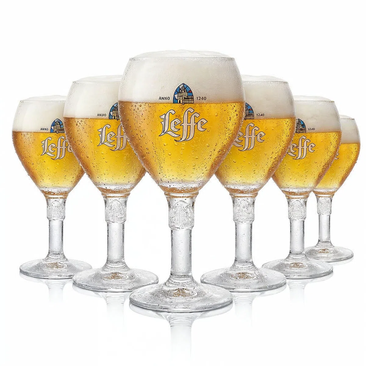 Leffe Bicchieri – Set di 6 bicchieri – 33 cl per bicchiere – Ufficiale Calice Large Stem – Perfetto per bere Blonde, Brown, Ruby, Double, Triple + 6 Beer Mat