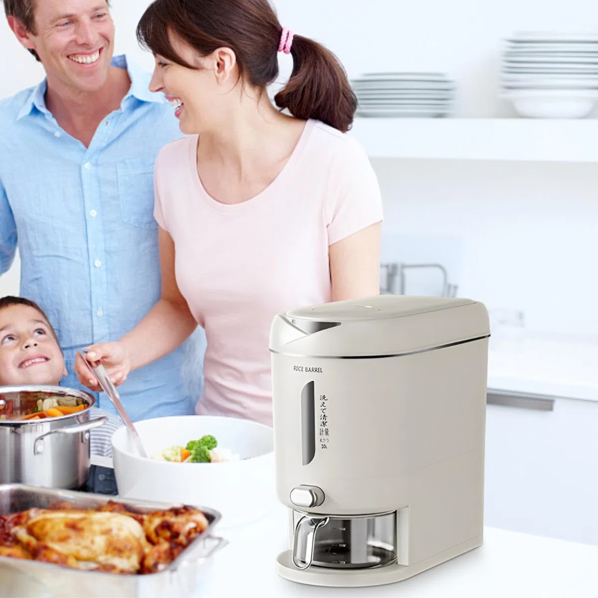 Dispenser di riso – contenitore per riso, dispenser per cereali da cucina, ermetico, grande, resistente all'umidità, dispenser multifunzionale per riso, cereali, mais, soia e farina d'avena