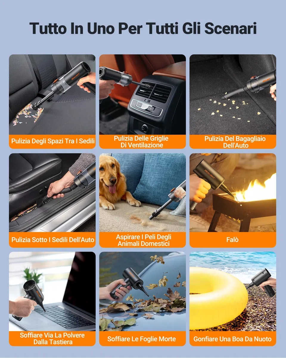 SEALIGHT Aspirabriciole Senza Fili, 32000PA 4 in 1 Aspirapolvere per Auto Portatile, 400000 RPM Motore Brushless, Aspiratore e Soffiatore Mini Aspirabriciole Senza Fili Potente per Auto Casa