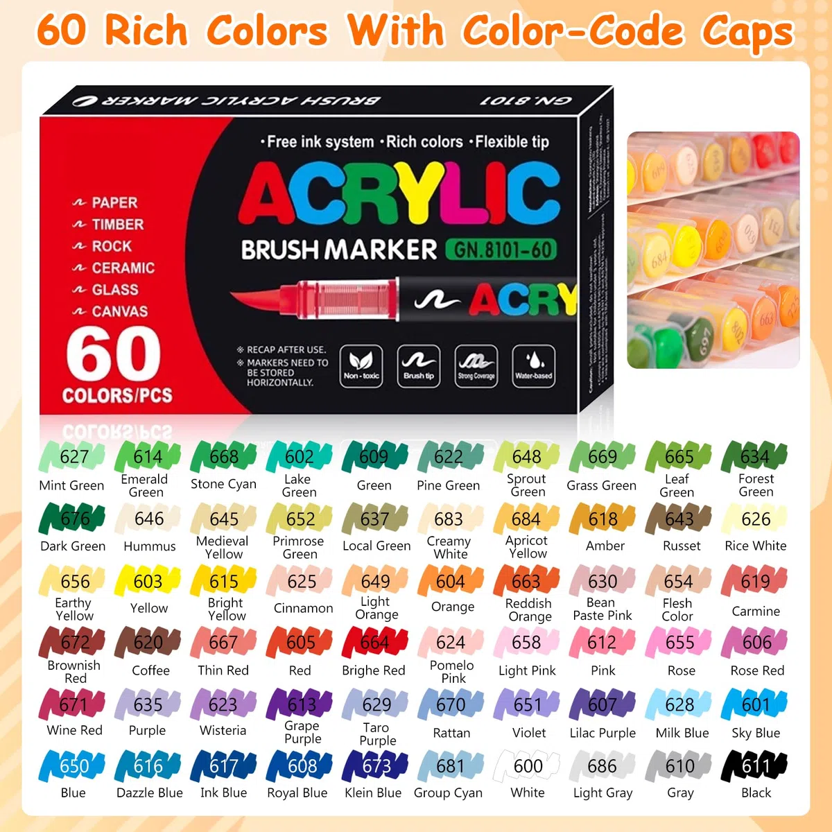 Pennarelli Acrilici, 60 Colori Acrylic Marker, Acrilici Brush Pen Marker per Colorazione, Calligrafia, Pittura, Legno, Vetro, Plastic, Tessuti, Sassi, Ceramica