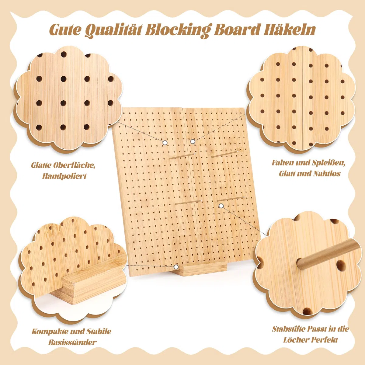 Coopay Granny Square Tenditore grande, 33 x 33 cm, con 30 perni in acciaio inox, pieghevole, in bambù, per lavori a maglia e all'uncinetto, 33 cm