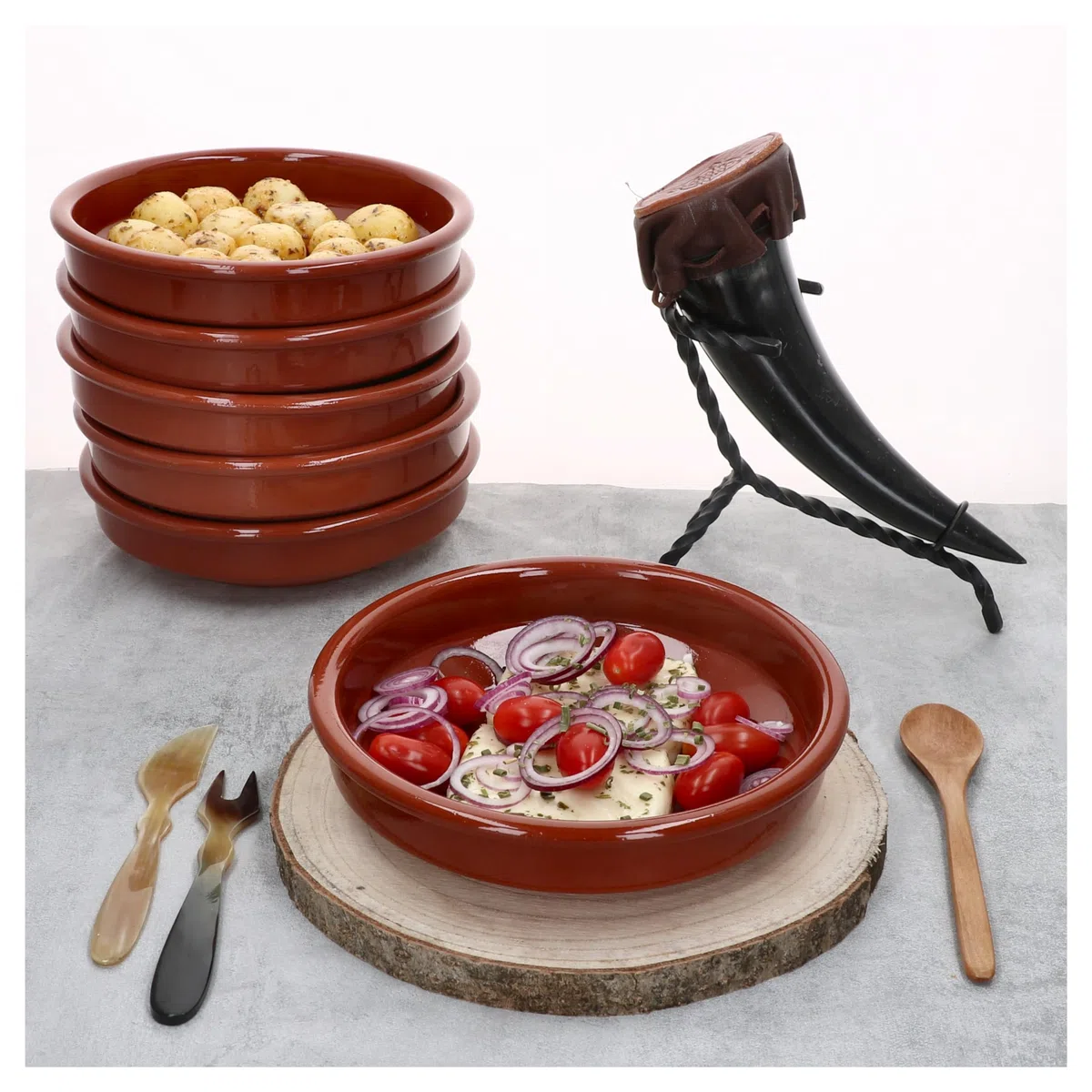 MamboCat Cazuela Set di ciotole in argilla Ø 20 cm misura L 6 ciotole per tapas crema bruclee ciotole mediterranee stoviglie in argilla medievale di alta qualità realizzate a mano in stile vintage