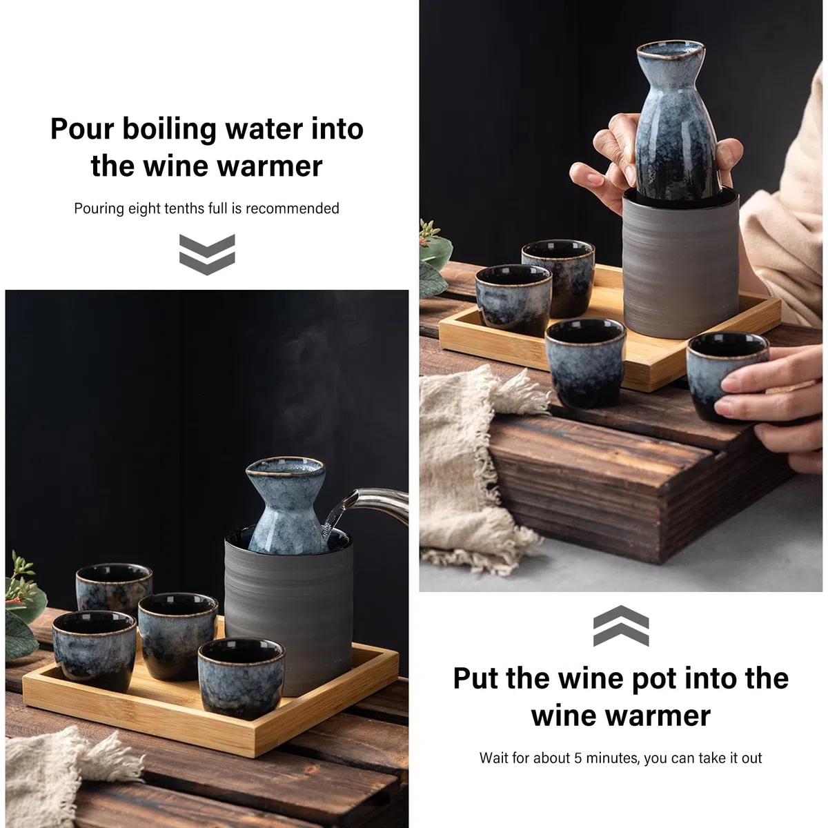 Set di sake giapponesi in ceramica, 6 pezzi. Set tradizionale giapponese sake con 4 bicchieri da sake da 35 ml, 1 pentola per sake da 175 ml, 1 vassoio, smalto invecchiato al forno, in porcellana, per