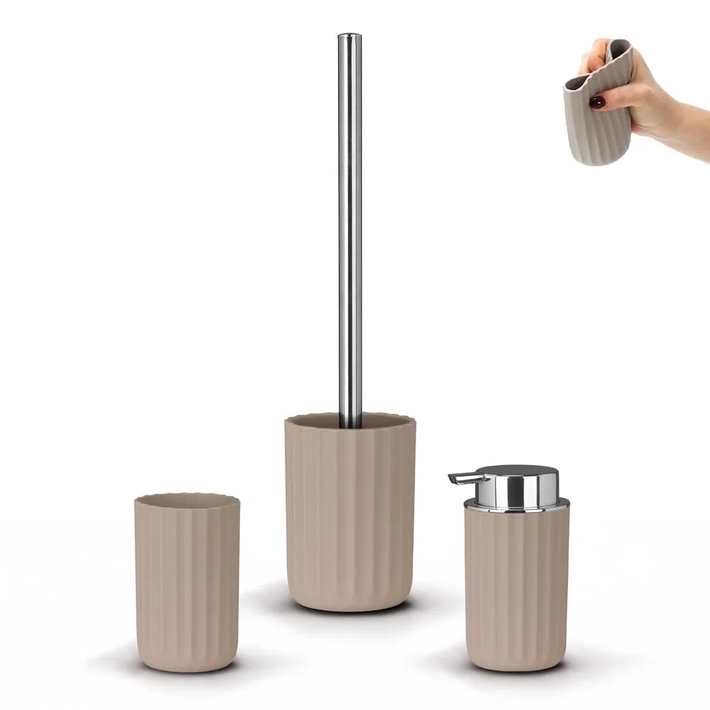 Set Accessori Bagno Moderni 3 Pezzi Linea Gummy – In Gomma Termoplastica Tortora – Dispenser, Portaspazzolino E Portascopino – Flessibile E Antiurto