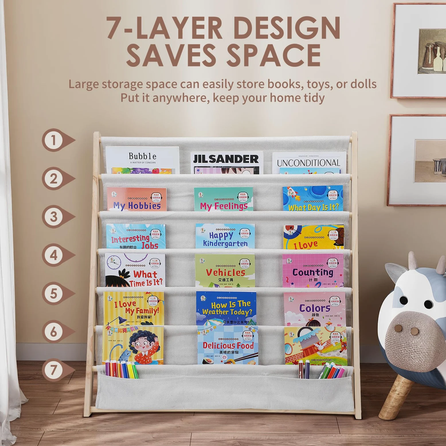 Libreria a 6 ripiani per bambini, facile accesso, in legno, con tasca, per camera da letto e sala giochi (beige)