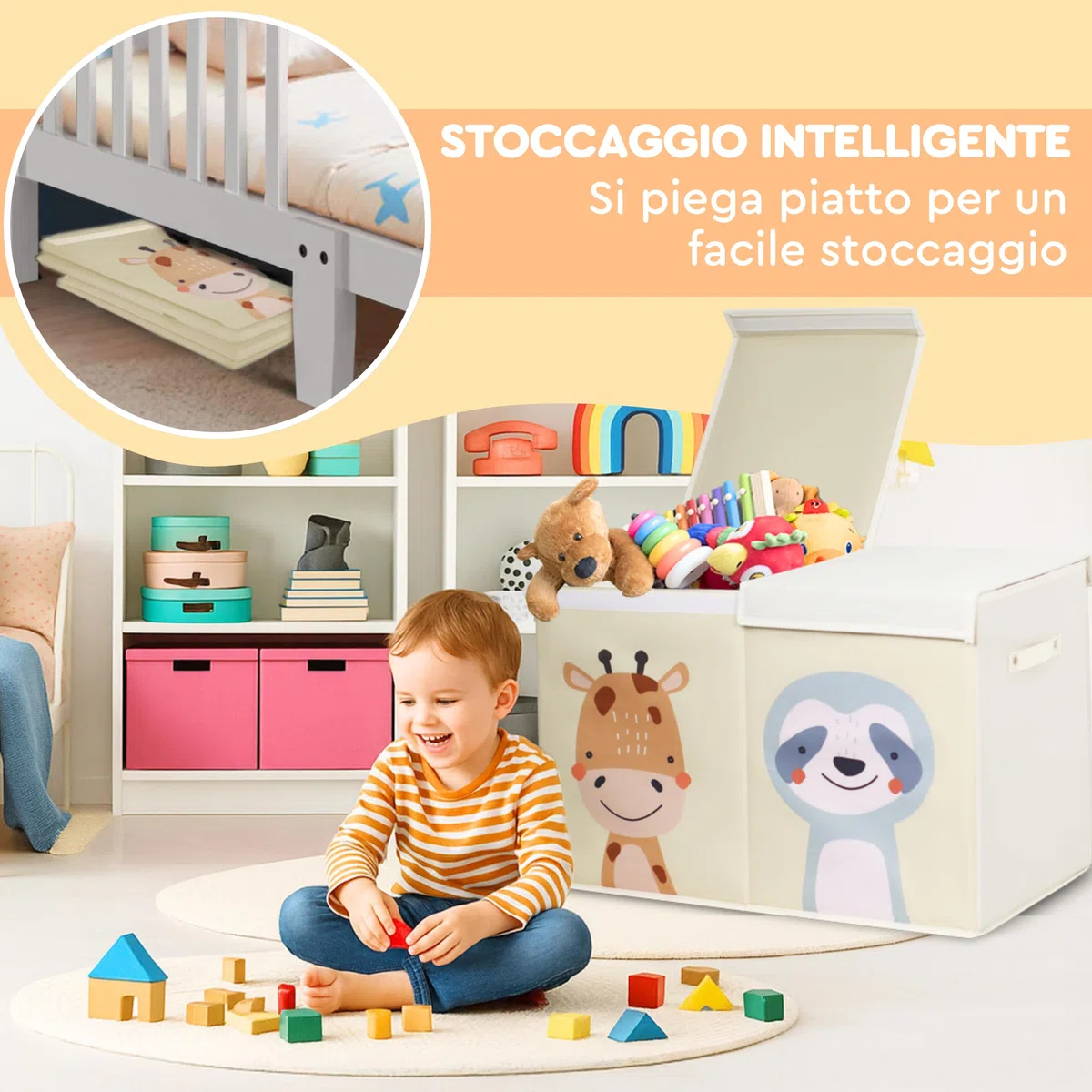 Scatola Porta Giochi per Bambini Beige Pieghevole da 78 Litri. Contenitore Giochi a Doppio Coperchio. Baule e Contenitore Grande in Tessuto Oxford. Organizer Giocattoli. Non Adatto alla Seduta