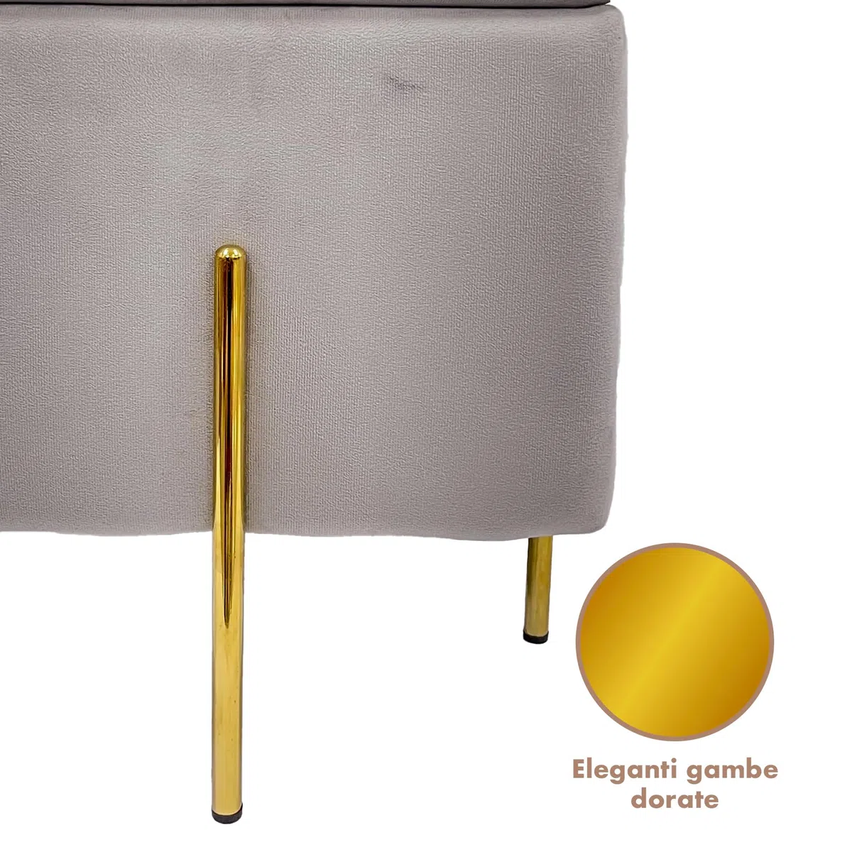 IlGruppone Pouf Contenitore in Velluto con Gambe in Metallo Oro – Poggiapiedi Moderno ed Elegante per Soggiorno, Camera e Ingresso - Grigio