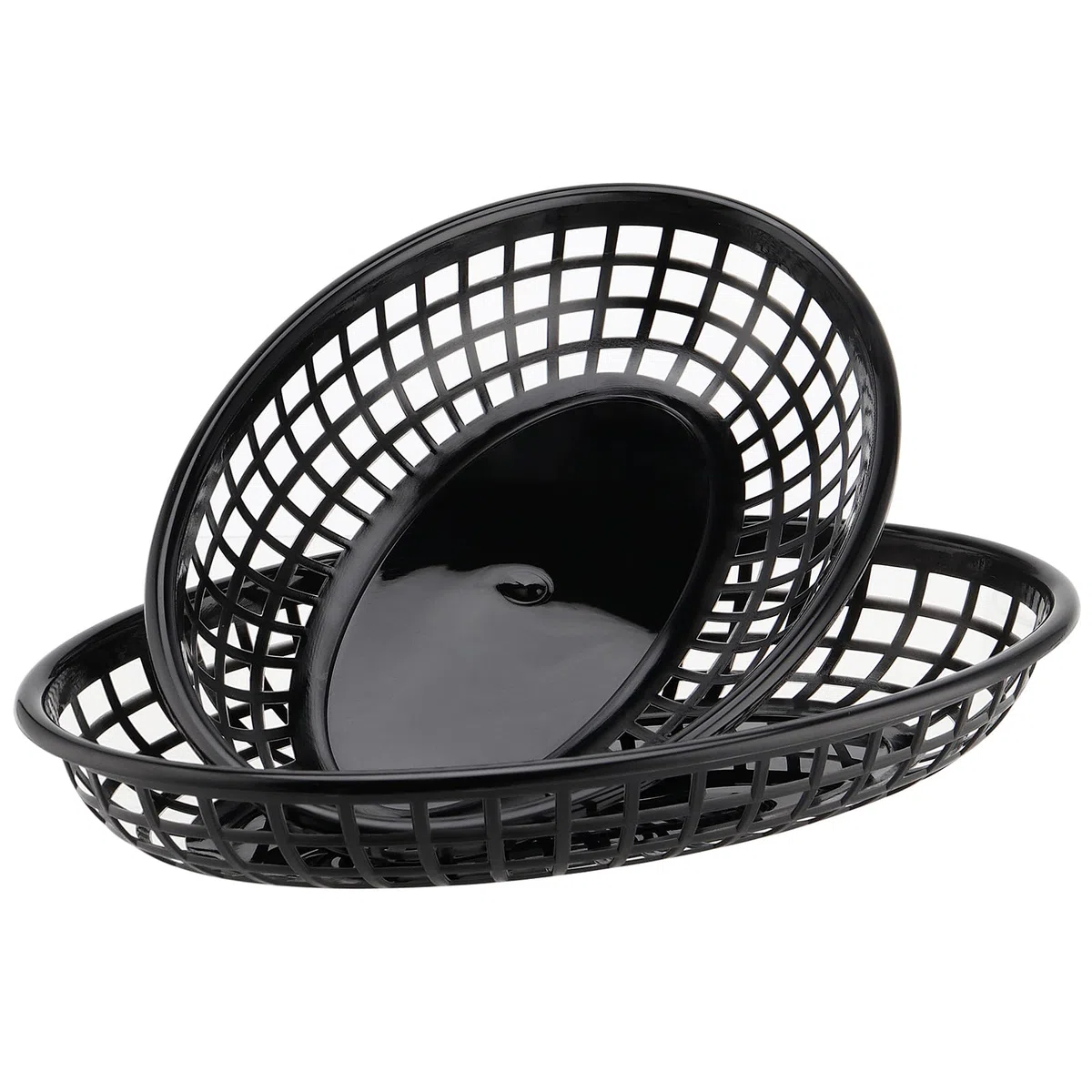 Confezione da 60 cestini ovali per alimenti in plastica, per fast food, colore nero, per patatine, hot dog, hamburger, panini, barbecue, picnic, feste, 23 x 14,5 x 4 cm