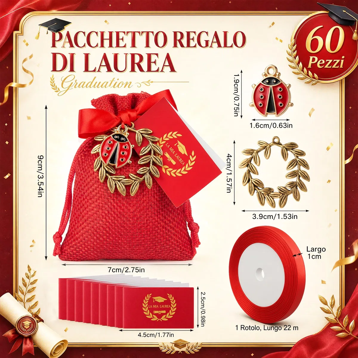 BBTO 60 Sets Souvenir Bomboniere Laurea Include Rosso Sacchetti di Juta Ciondolo a Forma di Corona d'Alloro Ciondoli Coccinella Biglietti di Auguri e Nastro Rosso Regalo di Laurea per Festa
