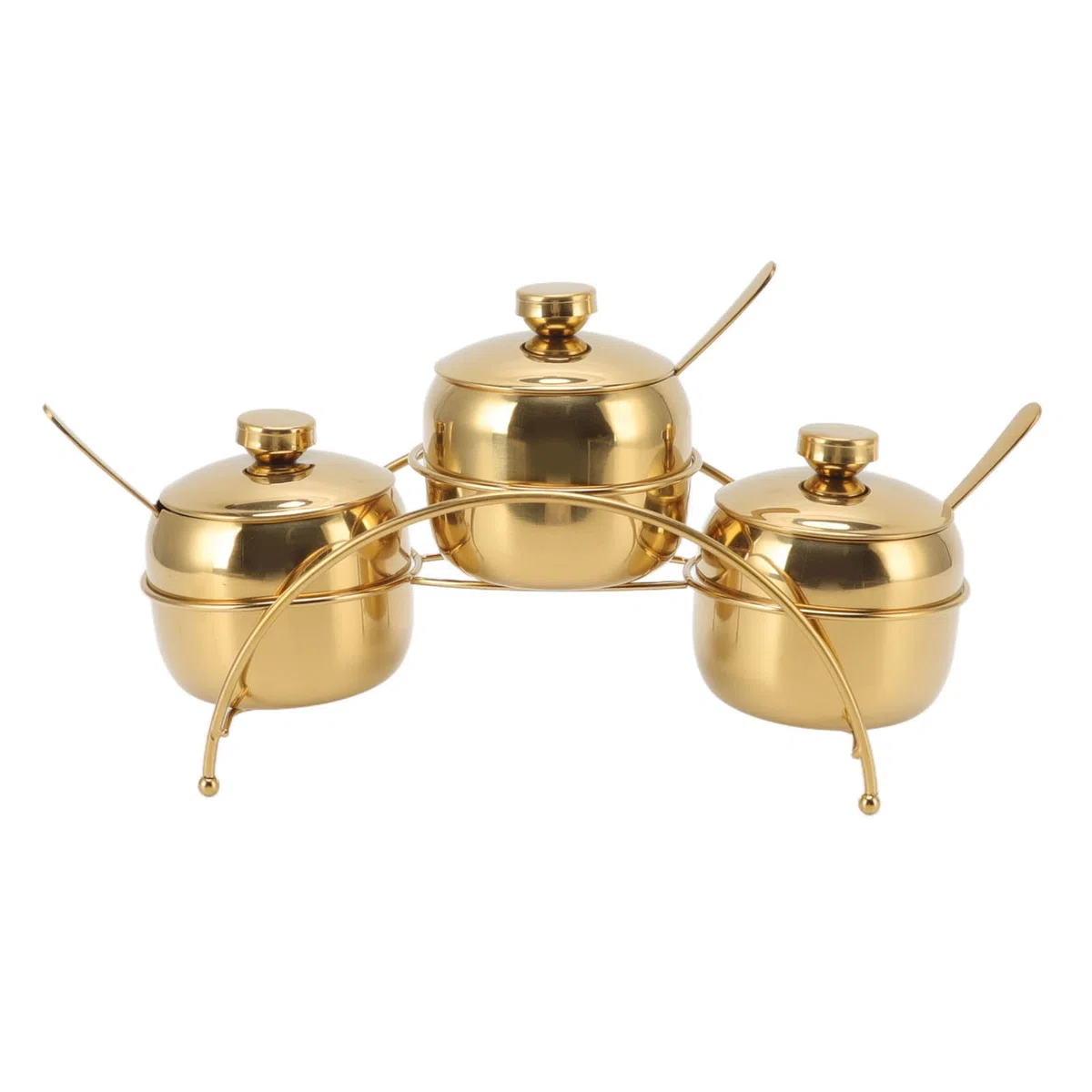 Set di barattoli per condimenti, in acciaio inox, per sale e pepe, con coperchio e cucchiaio, per condimenti da cucina, con ripiano (dorato)