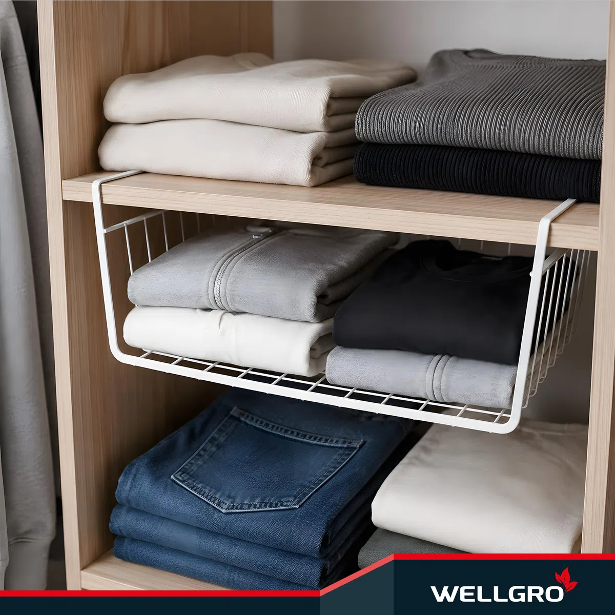 WELLGRO Set Di 4 Cestini Per Armadio Da Appendere In Metallo Per Ottenere Ulteriore Spazio, Circa 41 X 25 X 14 Cm, Bianco