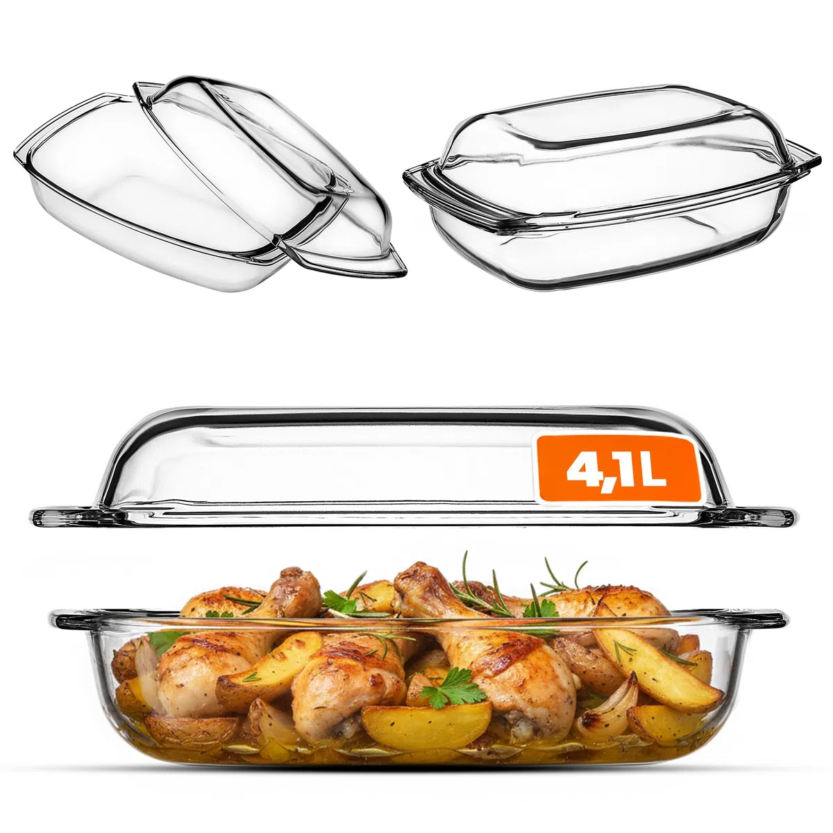 KADAX Pirofila per Cottura da Forno in Vetro Trasparente, Casseruola Rettangolare con Coperchio da Cucina, Piatto Resistente al Calore (4.1 L)