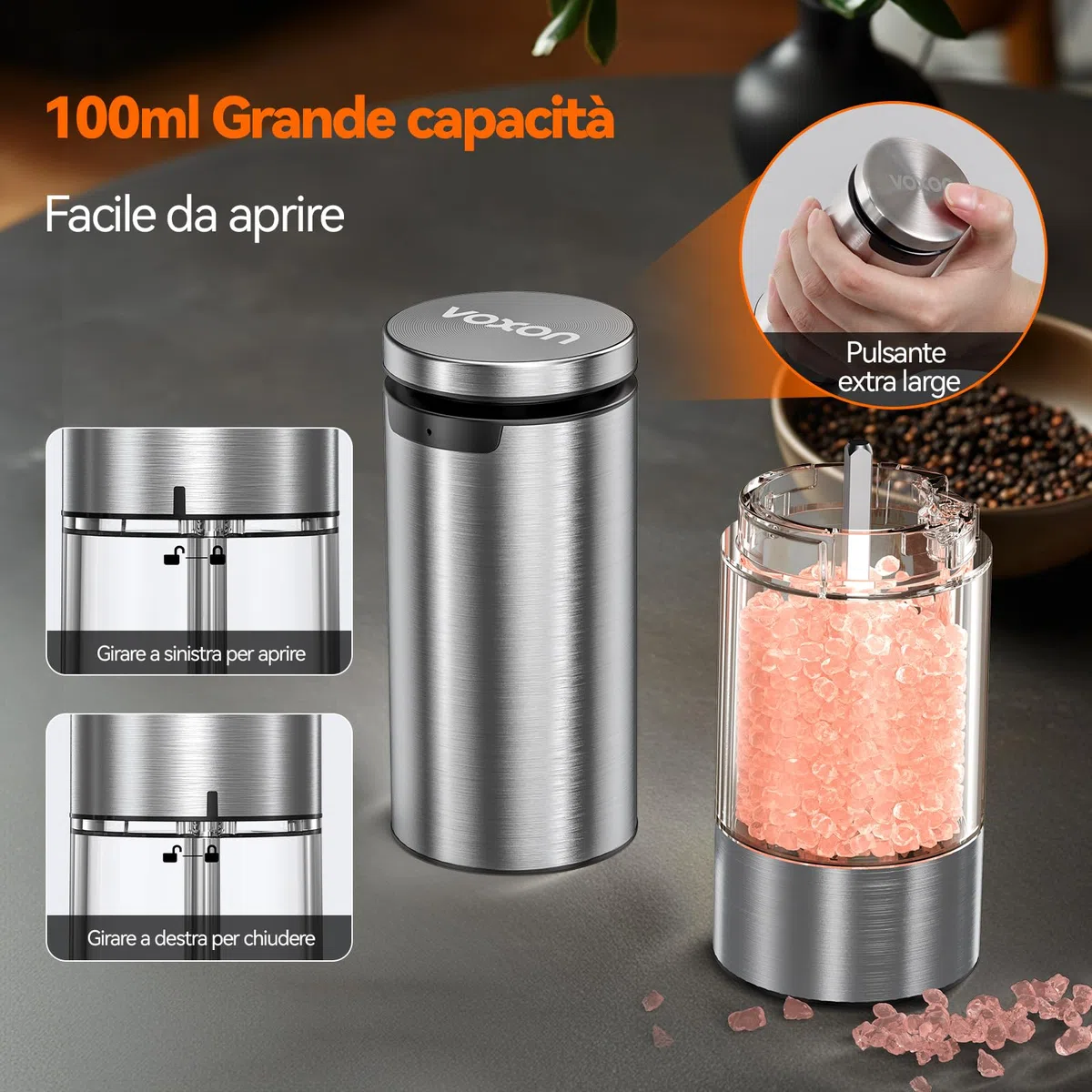VOXON Set di 2 macine per sale e pepe con USB, ricaricabili a 5 livelli, regolabile, macinazione automatica, pepe elettrico con luce LED per barbecue, ristorante cucina