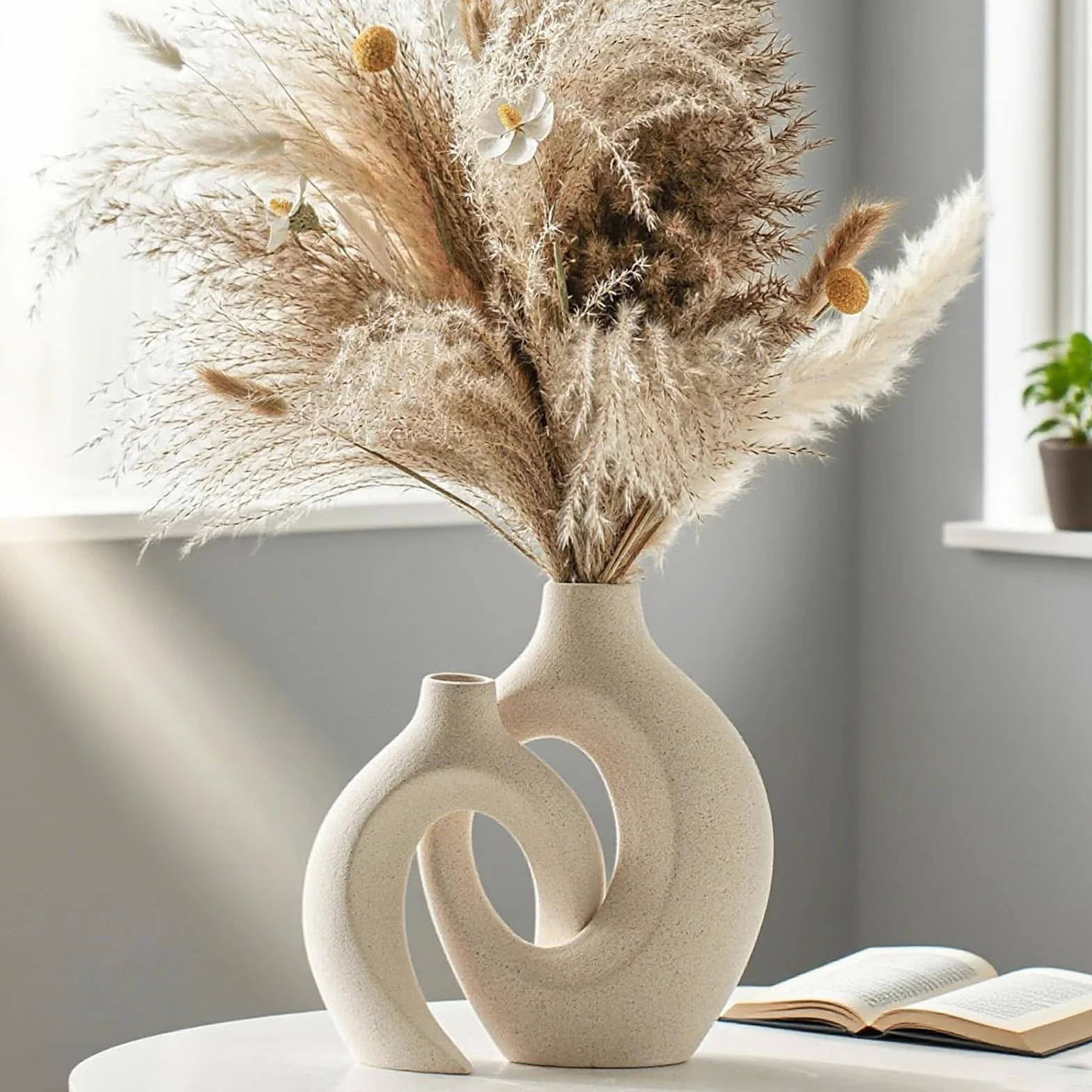 Set di 2 Vaso Cavi in Ceramica, Vaso Decorativo da Interno Moderno Beige per Nordico, Arredamento Casa Vasi di Fiori Estetici Boho Rotondi per Casa, Decorazioni Casa Vase, Beige