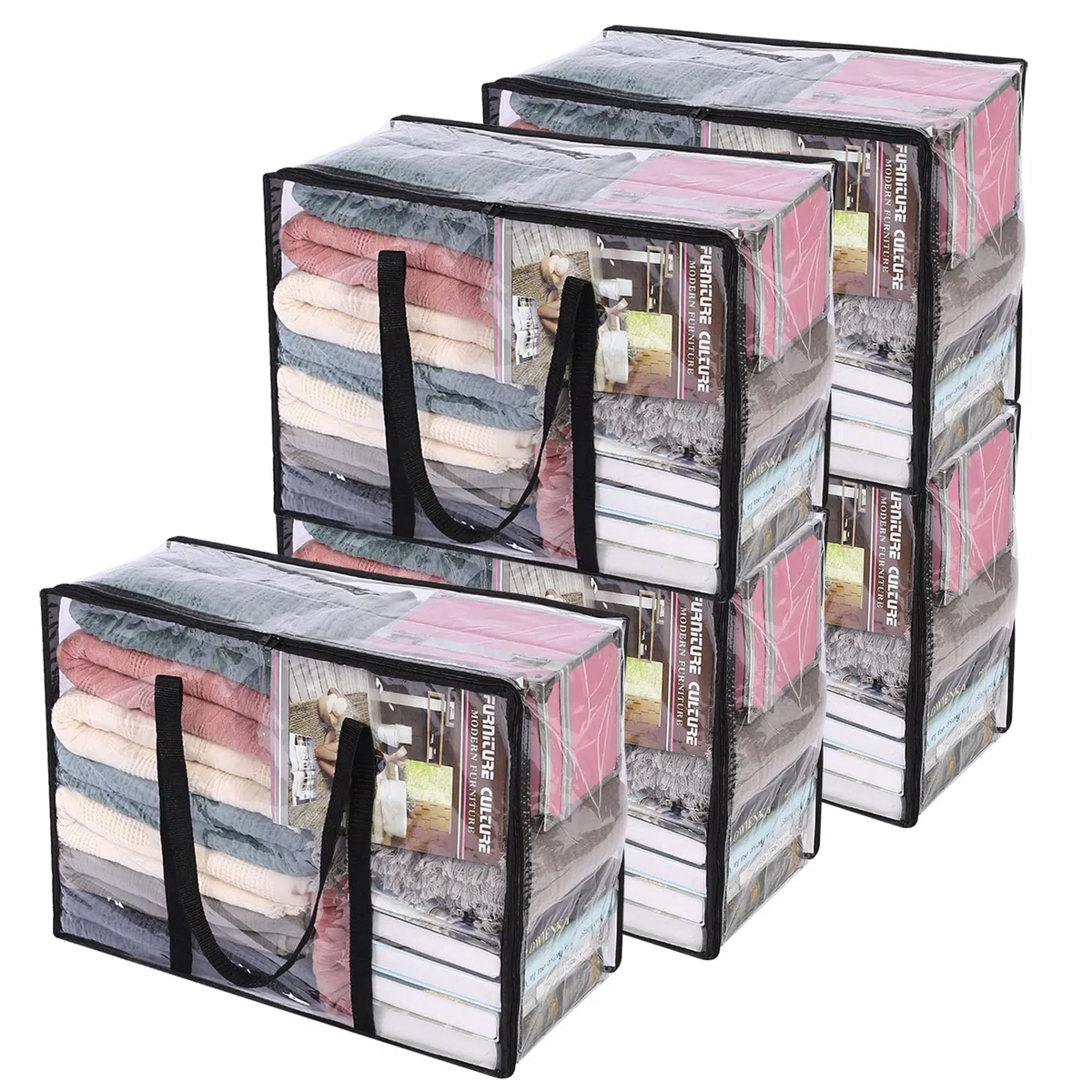 5 Paquetes Claro Bolsas para Guardar Ropa con Asa Reforzada 46 x 38 x 23cm Organizador de Vinilo para Edredón Manta de Edredón Bolsas Móviles Transparentes con Cremallera Resistente