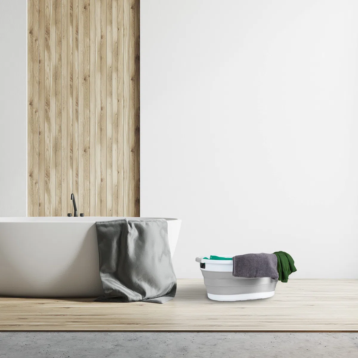 Relaxdays Cesto Portabiancheria Pieghevole, 36 Litri, Contenitore Salvaspazio in Plastica con Impugnature, Grigio Bianco