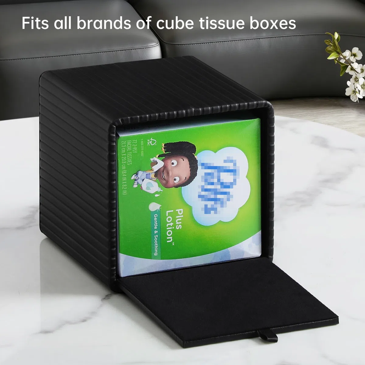 Scatola porta fazzoletti elegante in pelle PU quadrata con fondo magnetico per bagno, camera da letto o ufficio (striscia nera)