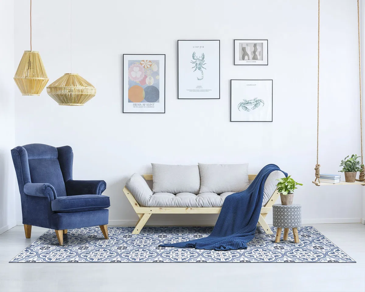 Panorama Tappeto Vinile - Modello Idraulico Fiore Blu 60x110 cm - Varie Dimensioni - Tappetino Lavabile per la Cucina - Passatoia PVC Antiscivolo