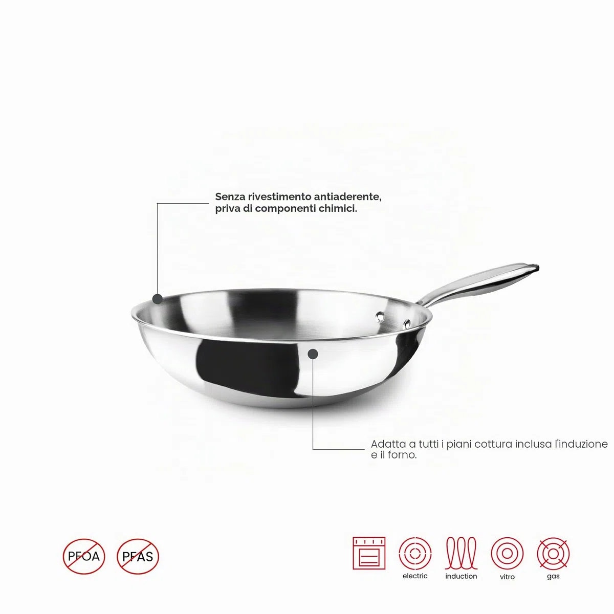 IBILI - Wok Triply Natural 30 Cm, Acciaio inossidabile, Adatto per induzione, senza antiaderente