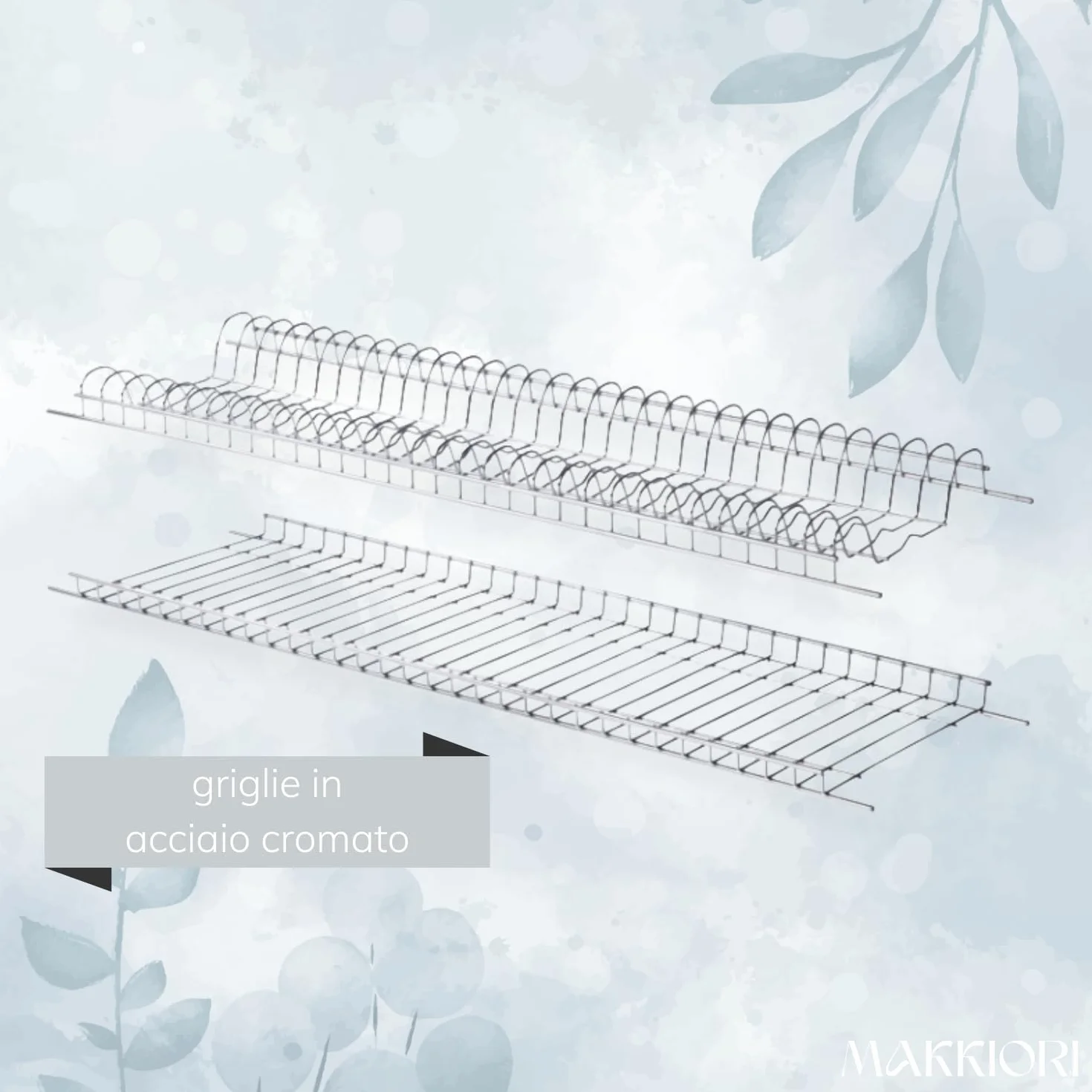 MAKKIORI Kit Scolapiatti con Telaio | Griglia piatti e bicchieri con Vaschetta Raccogligoccie per Pensili Cucina | Acciaio cromato | Kit Telaio con Staffe (86 cm per pensile 90)