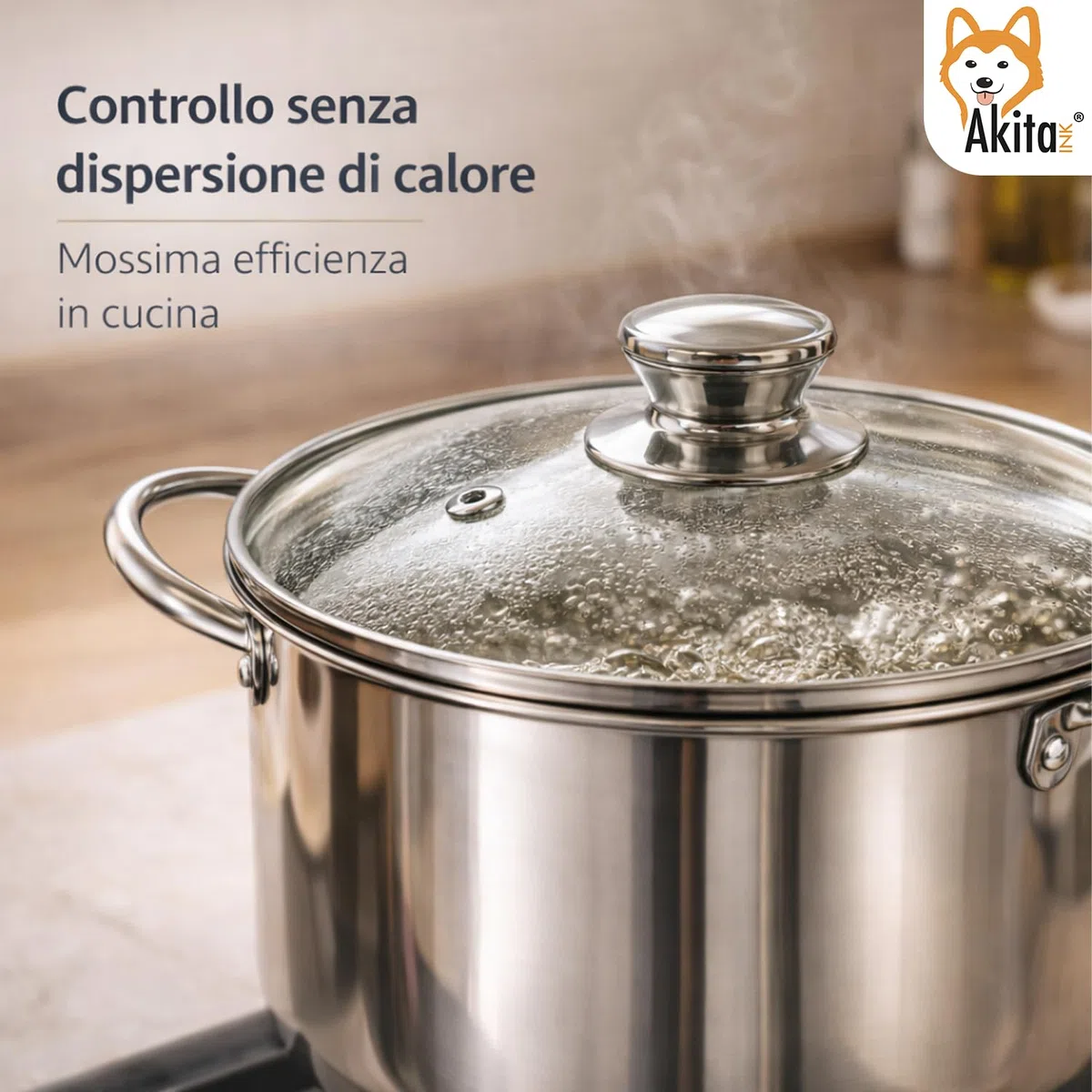 AKITAInk Bollipasta 22 cm in Acciaio Inox con Cestello e Coperchio in Vetro Temperato, Pentola per Pasta con Fondo Termodiffusore e Scolapasta Integrato