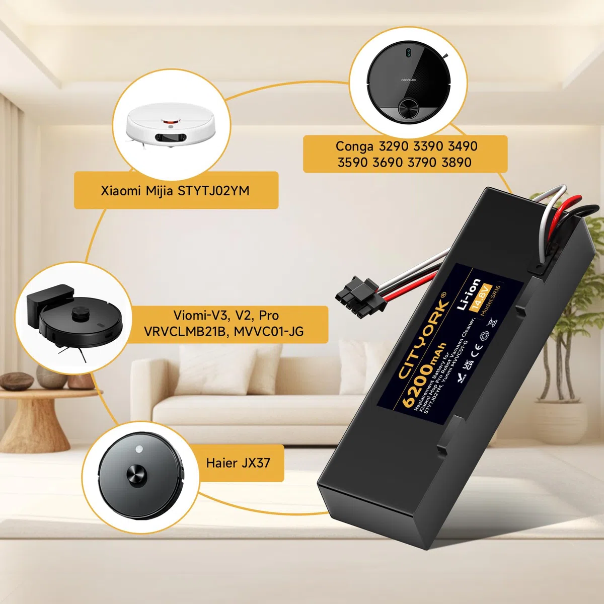 CITYORK Litio 14,4V 6200 mAh Batteria di ricambio per Xiaomi Mop 2s/ Mop p/Mop pro, per Xiaomi Mijia STYTJ02YM, per Conga 3290 3390 3490 3590 3690 3790 3890 Batteria spazzatrice
