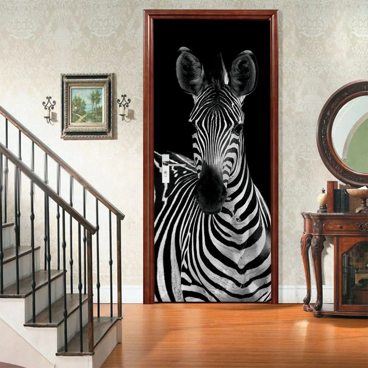 A.Monamour Adesivo Porta Autoadesiva Zebra in Bianco E Nero A Tema Animale Vinile PVC Adesivi per Porte Interne 3D Pellicola Adesiva Poster Sticker Murale Parete Carta da Parati