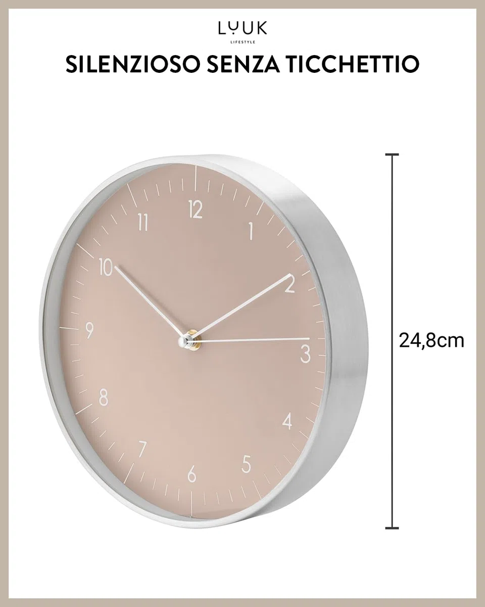 LUUK LIFESTYLE Orologio da Parete Piccolo Moderni (24 cm), Silenzioso senza ticchettio, Regalo per la casa, Ideale per Cucina, Salotto, Soggiorno, Ufficio, con Lancetta dei secondi, Beige e Argento