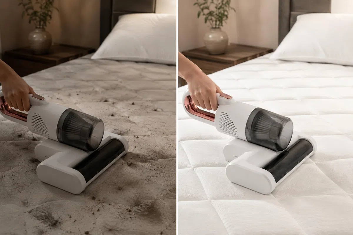 Aspirapolvere Antiacaro per Materassi Portatile, Aspiratore Multifunzione UV per Letto e Divano, Aspirapolvere Senza Fili con Filtro HEPA Lavabile, Rimozione Polvere e Peli, Ricarica USB